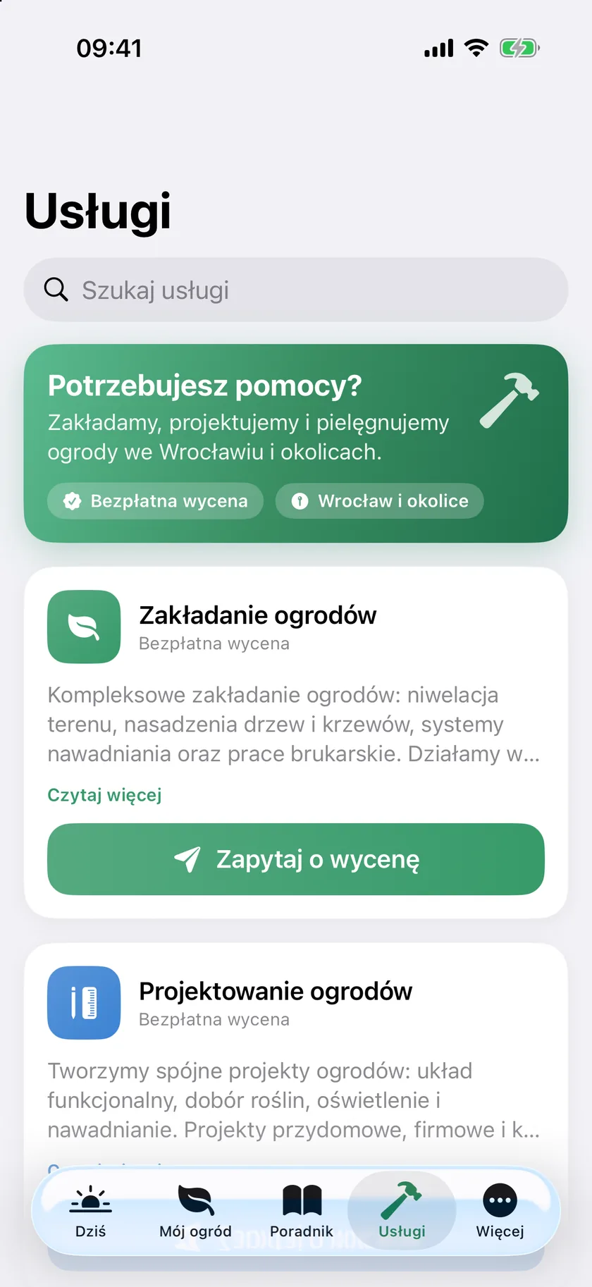 Potrzebujesz pomocy? Zapytaj o wycenę jednym stuknięciem. — zrzut ekranu aplikacji